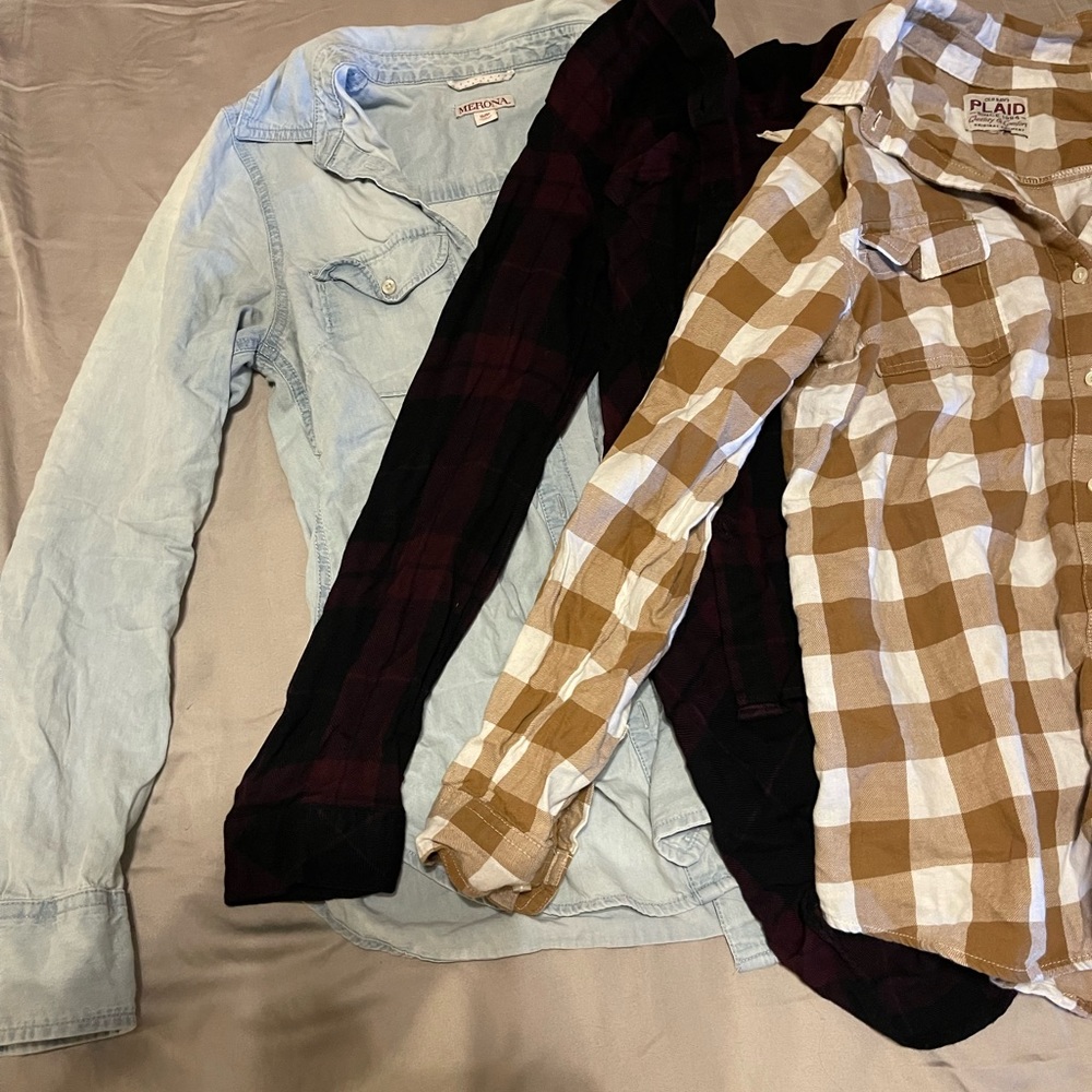 Button up Shirt Bundle - chambray shirt & 2 plaid shirts